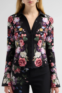 Alice + Olivia Freya Knitted Nipped Waist Button Down Top Hollywood Dreams