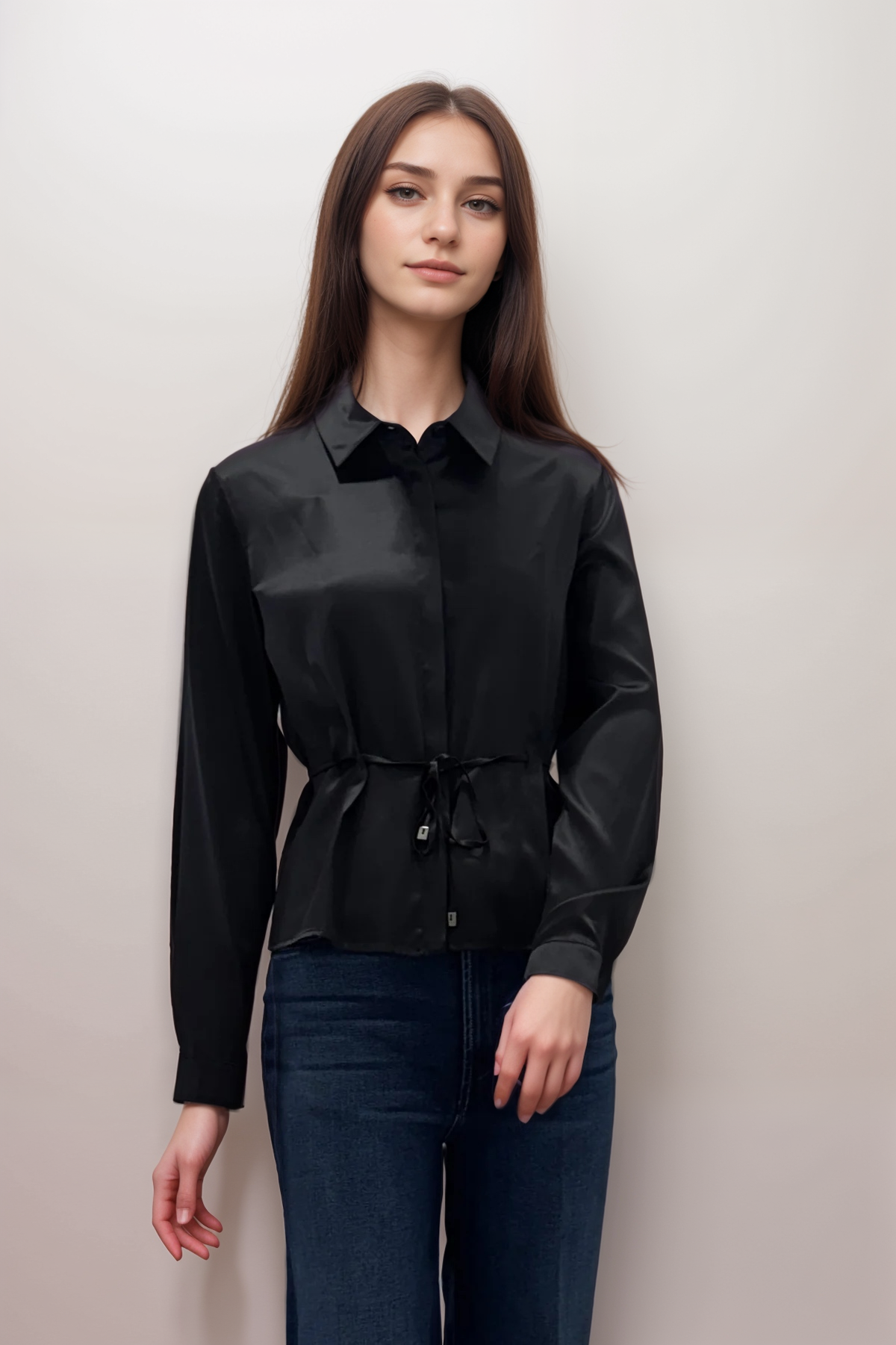 Purotatto Tie Waist Hidden Buttons Silk Blouse
