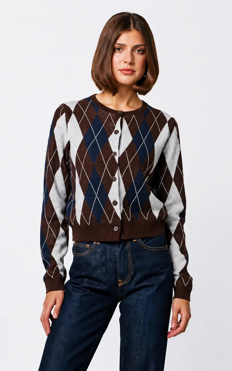 Line Women's Crew Neck Cardigan - Cocoa Argyle