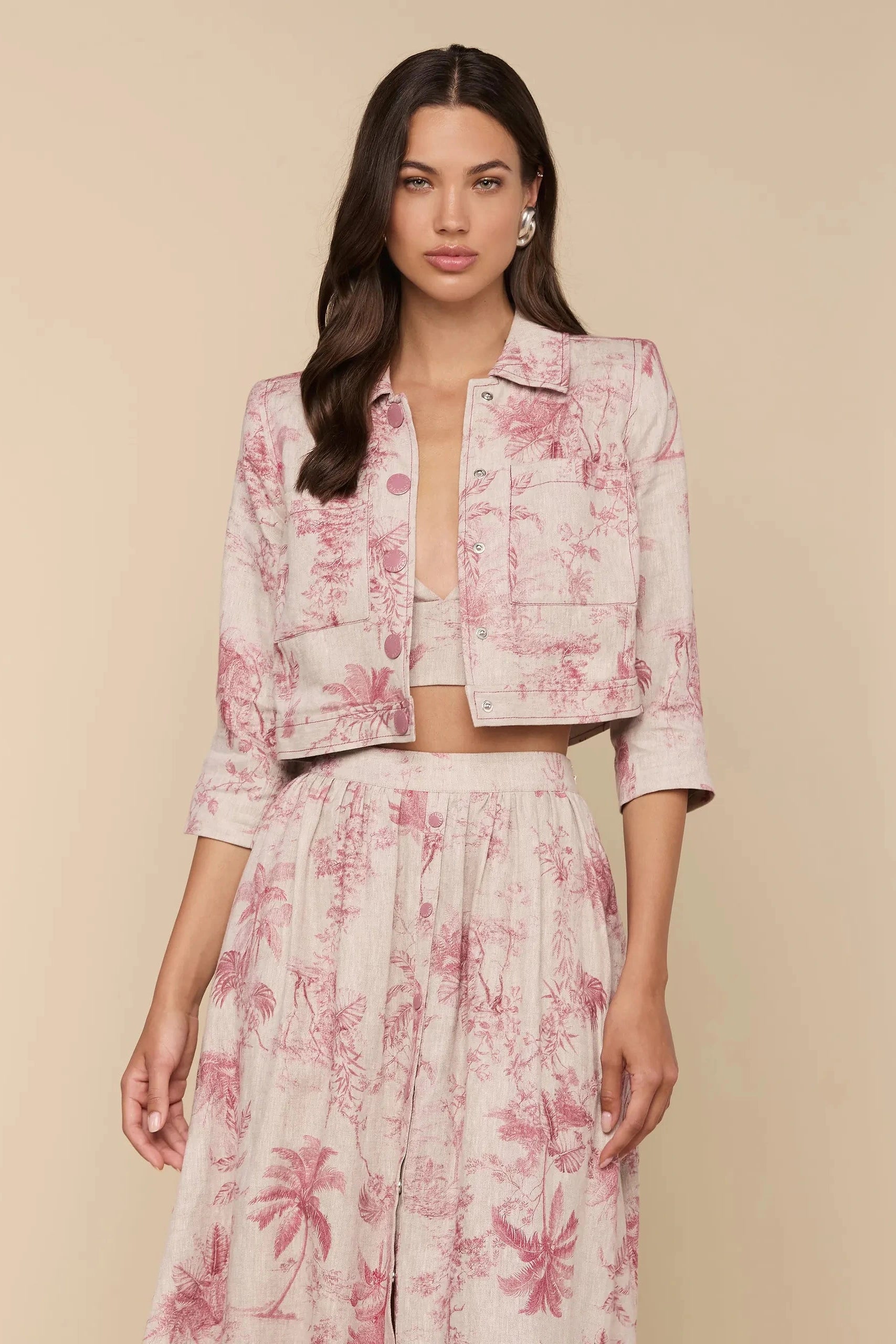 L'Agence Eda 3/4 Sleeve Crop Jacket Tan Multi Textured Jungle