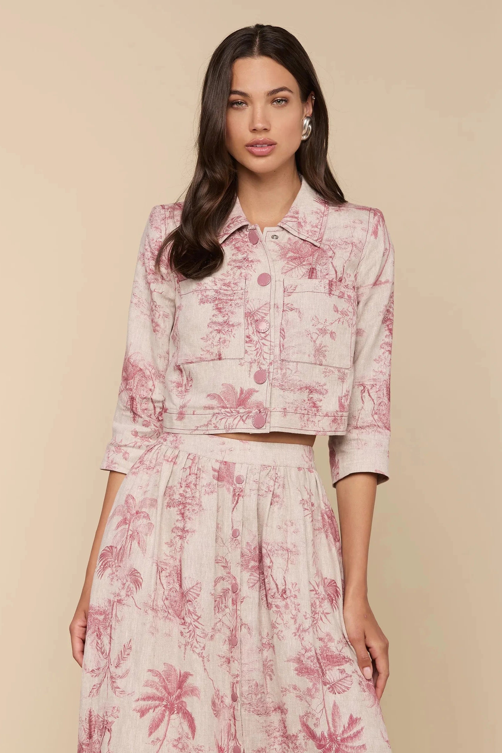 L'Agence Eda 3/4 Sleeve Crop Jacket Tan Multi Textured Jungle