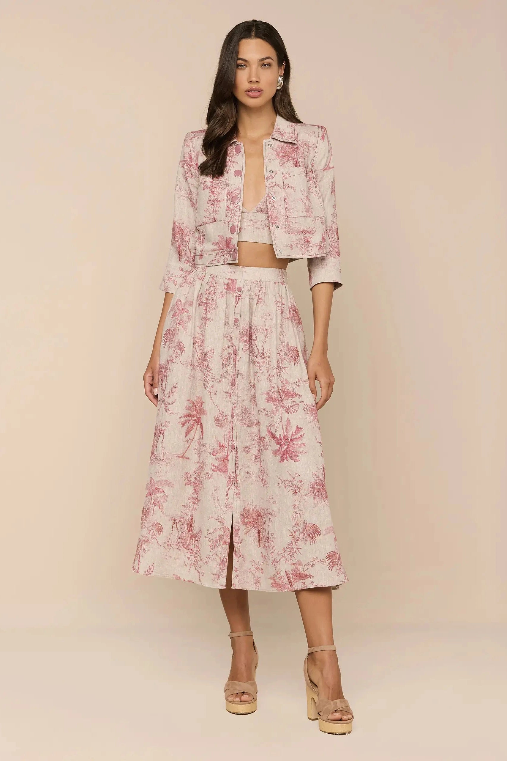 L'Agence Eda 3/4 Sleeve Crop Jacket Tan Multi Textured Jungle