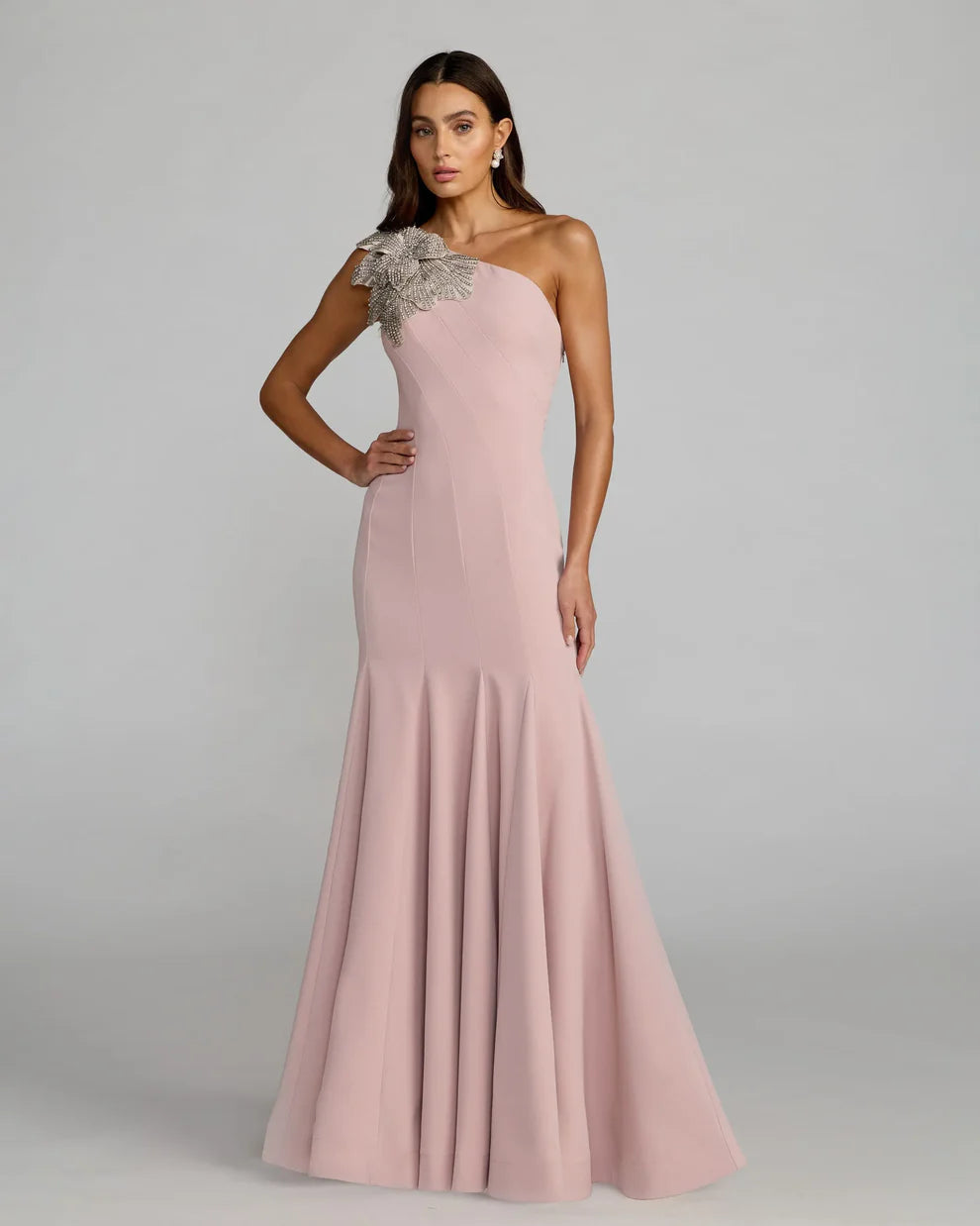 Mac Duggal Crepe One Shoulder Gown With Flowers Rose