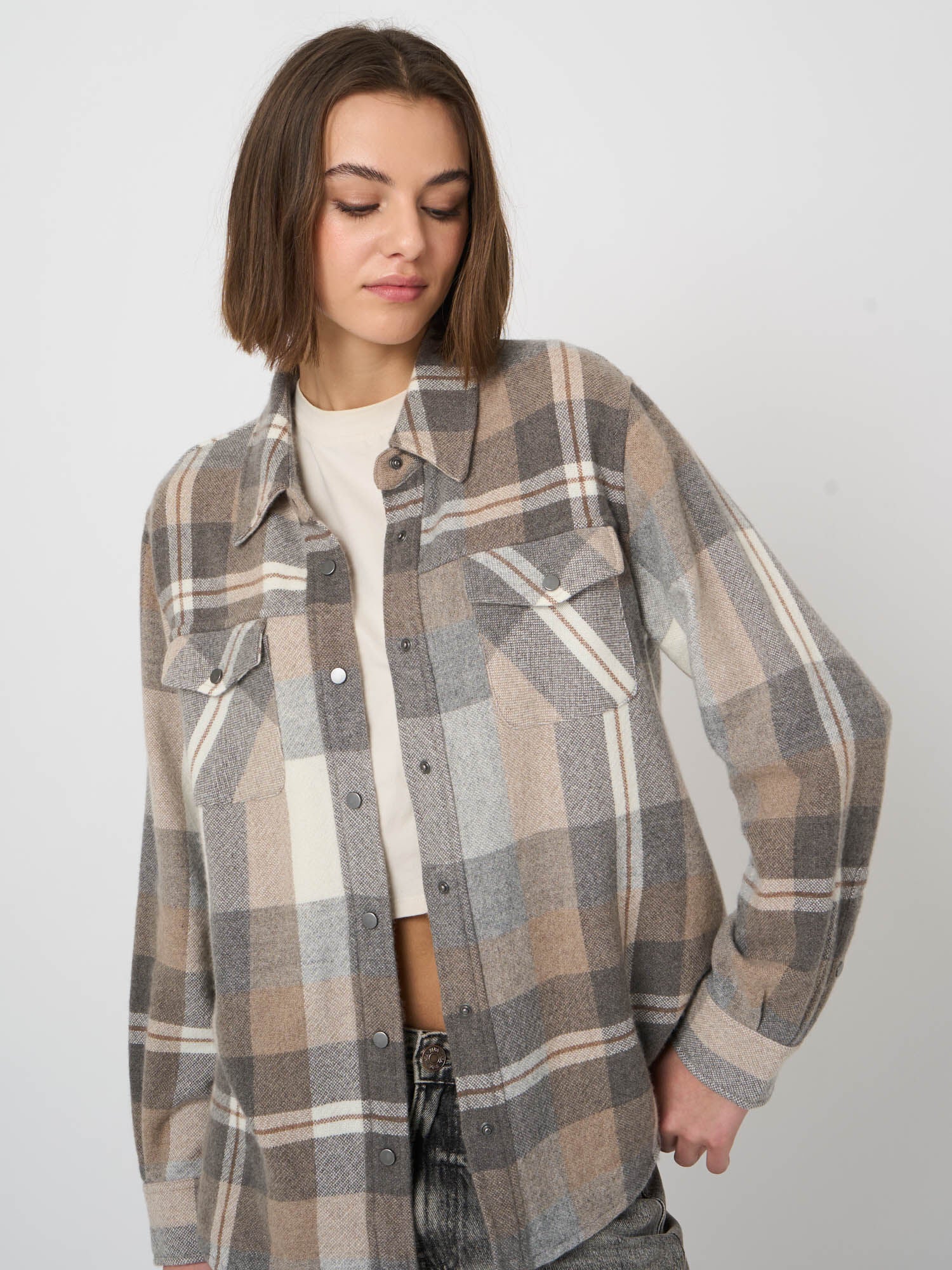 Repeat 200293-8536 blouse tissée en cachemire biologique Multi-carreaux