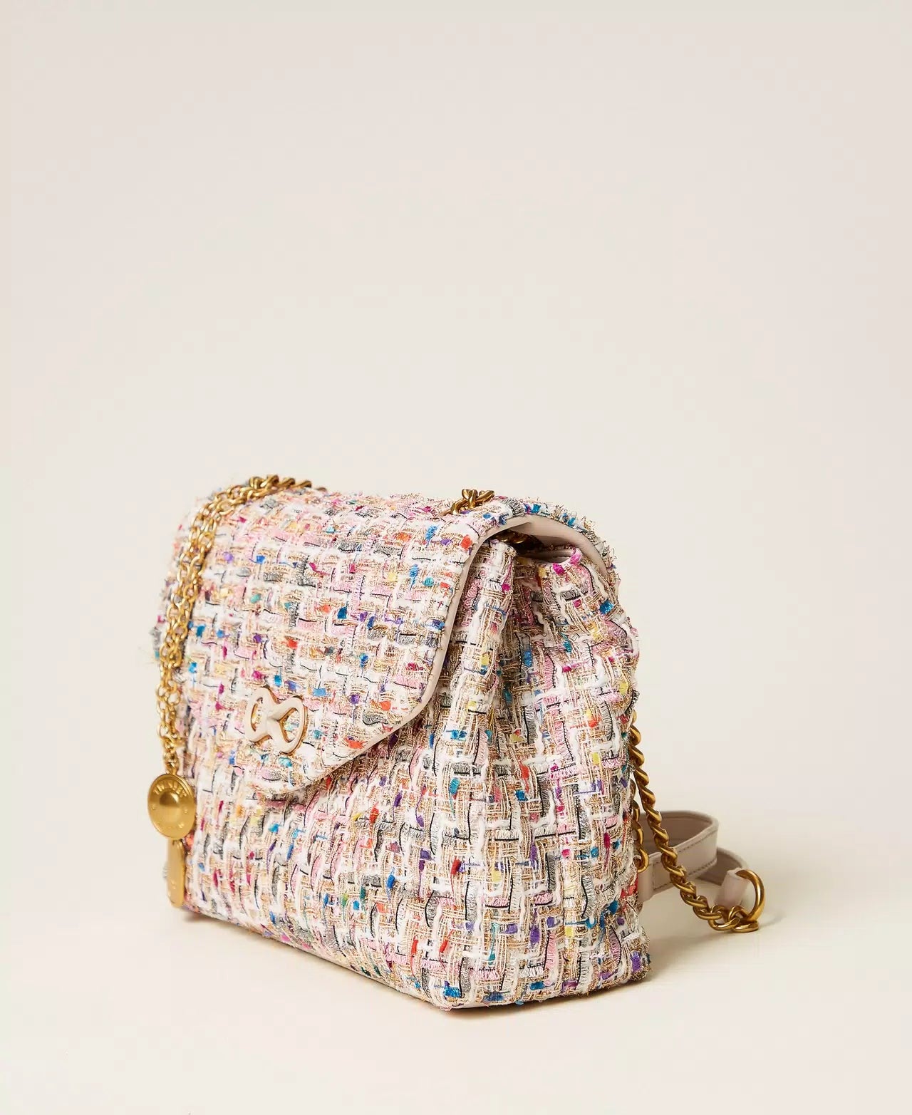 Twinset Tweed Shoulder Bag With Logo Buckle