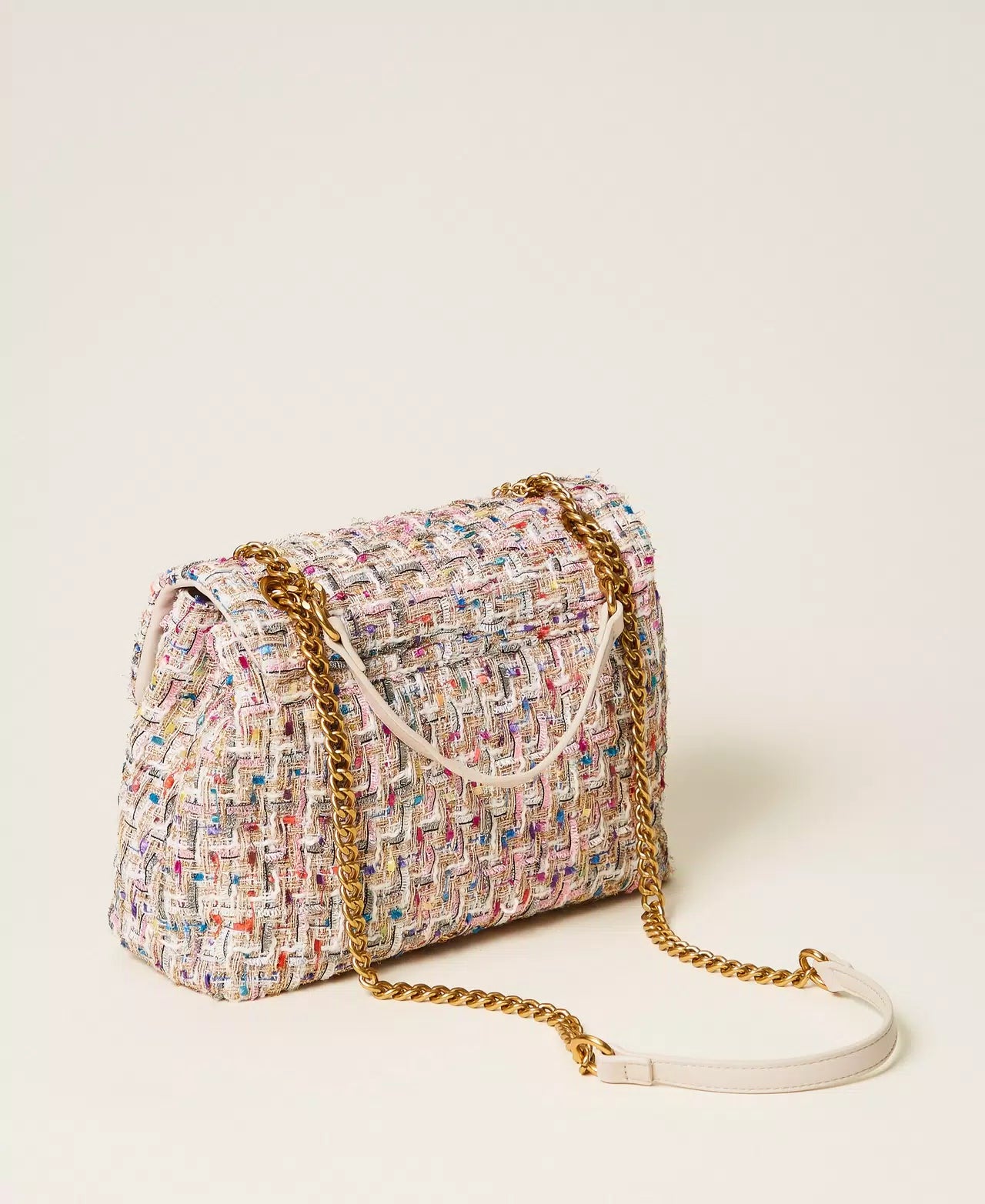 Twinset Tweed Shoulder Bag With Logo Buckle