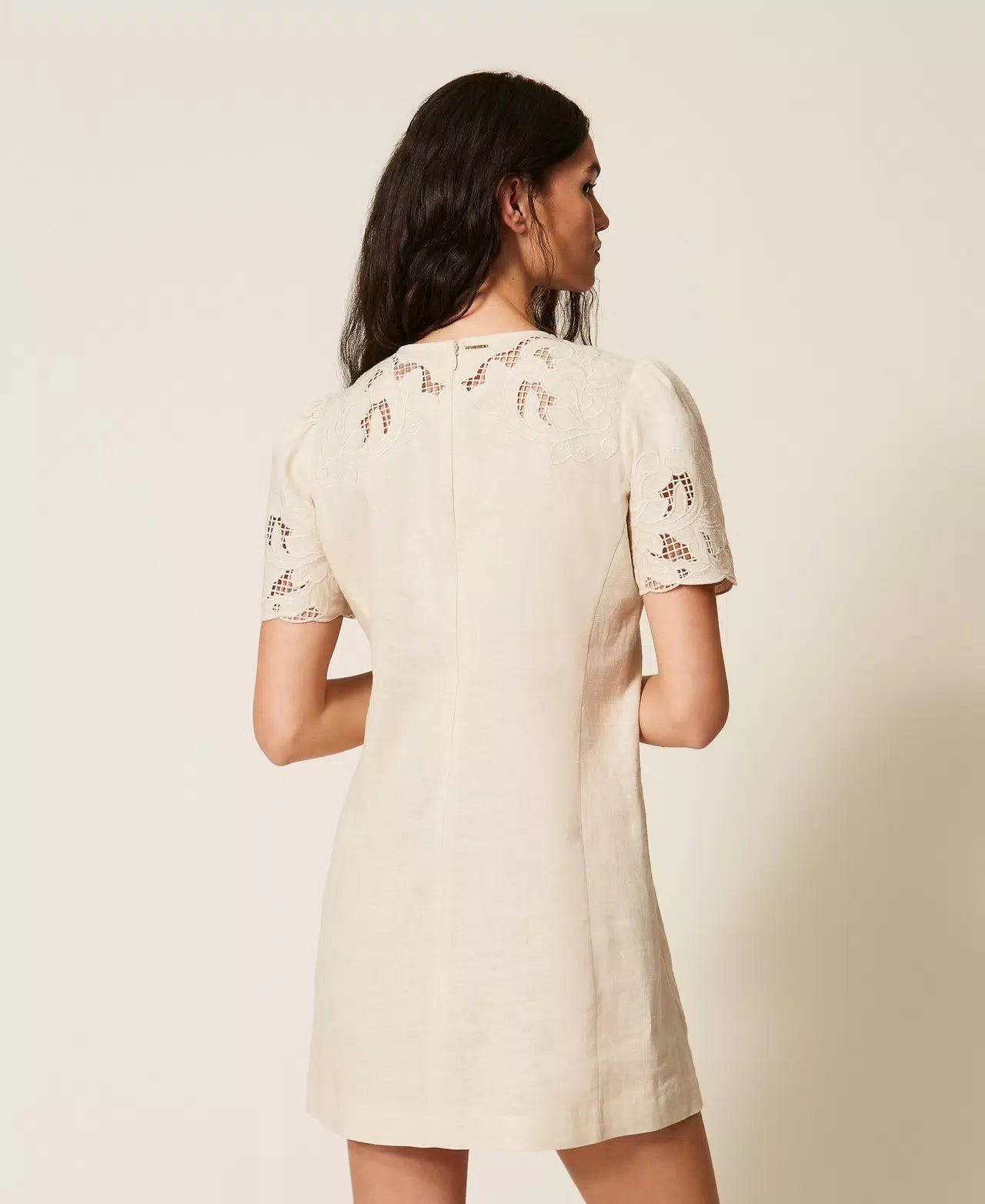 Twinset Short Linen Blend Dress With Embroidery