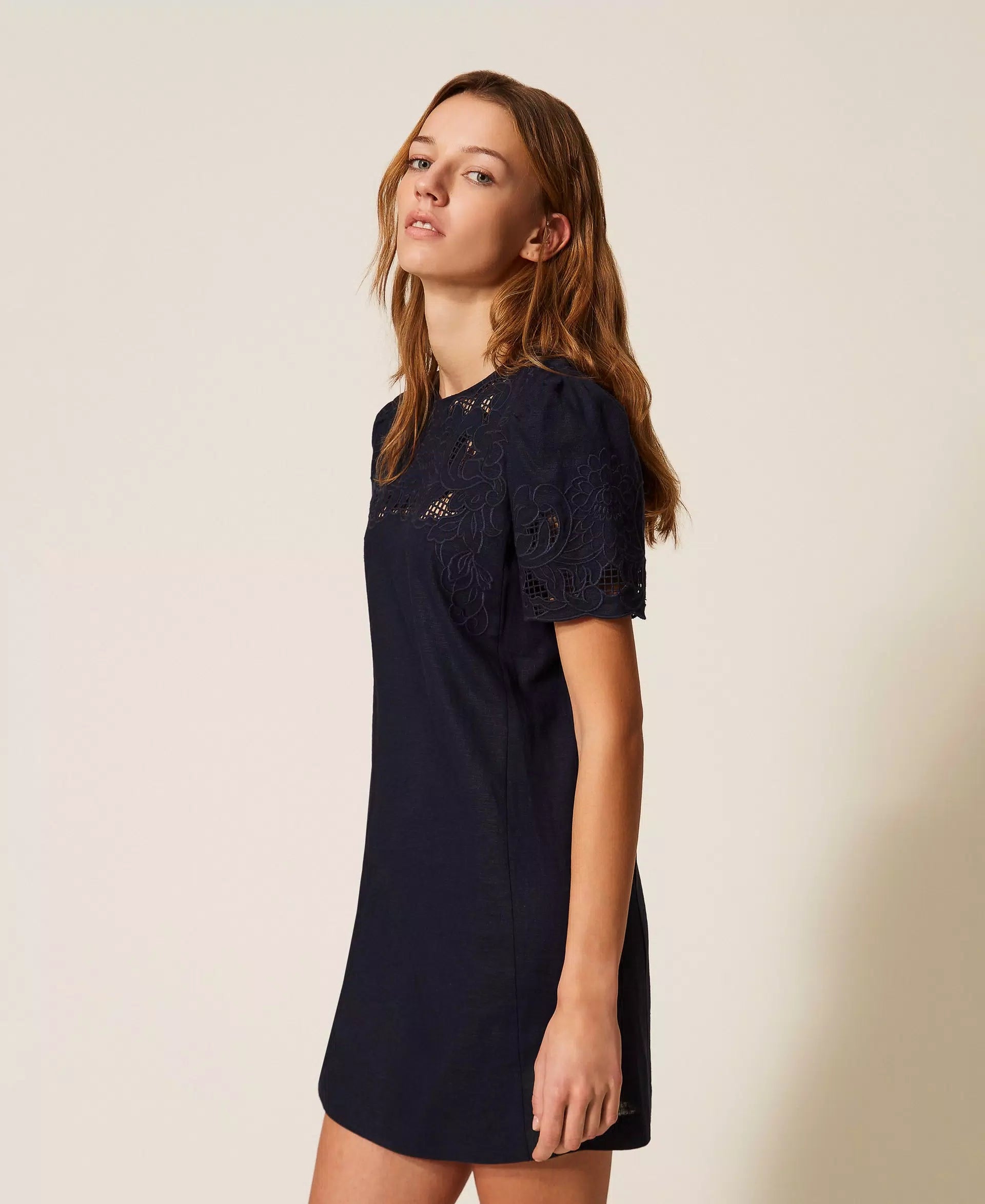 Twinset Short Linen Blend Dress With Embroidery