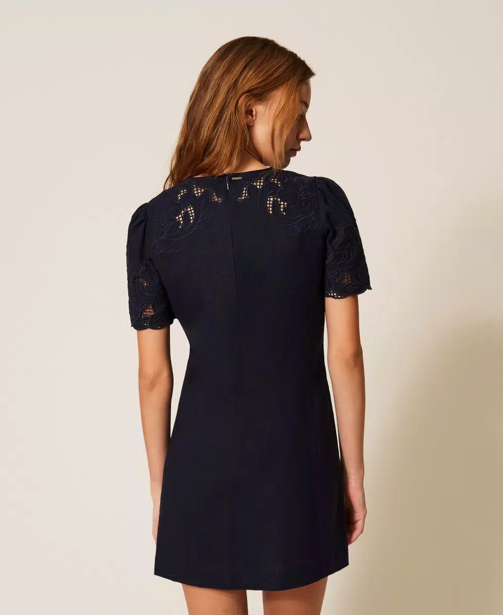 Twinset Short Linen Blend Dress With Embroidery