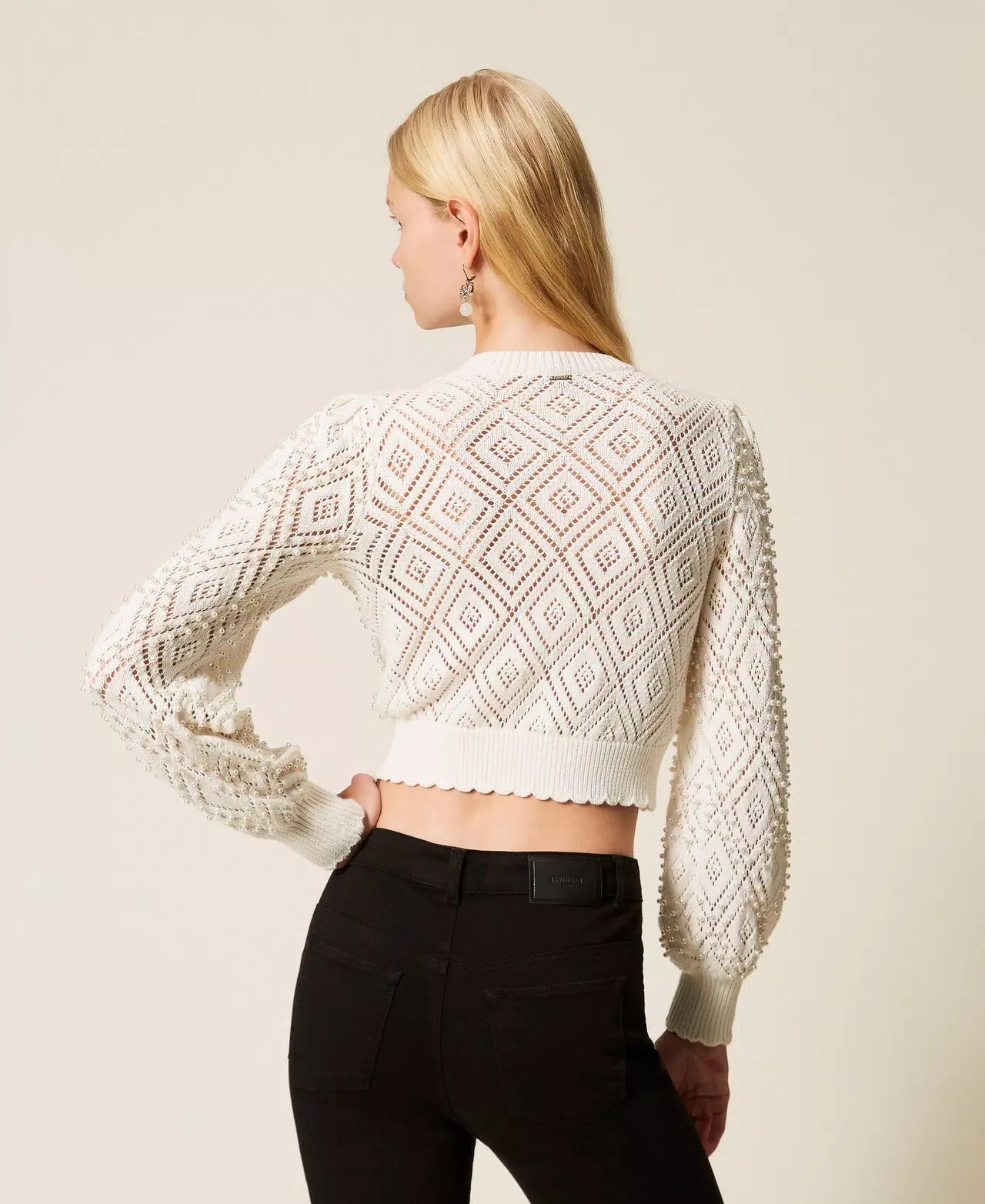 Twinset Diamond Pattern Cardigan With Pearls