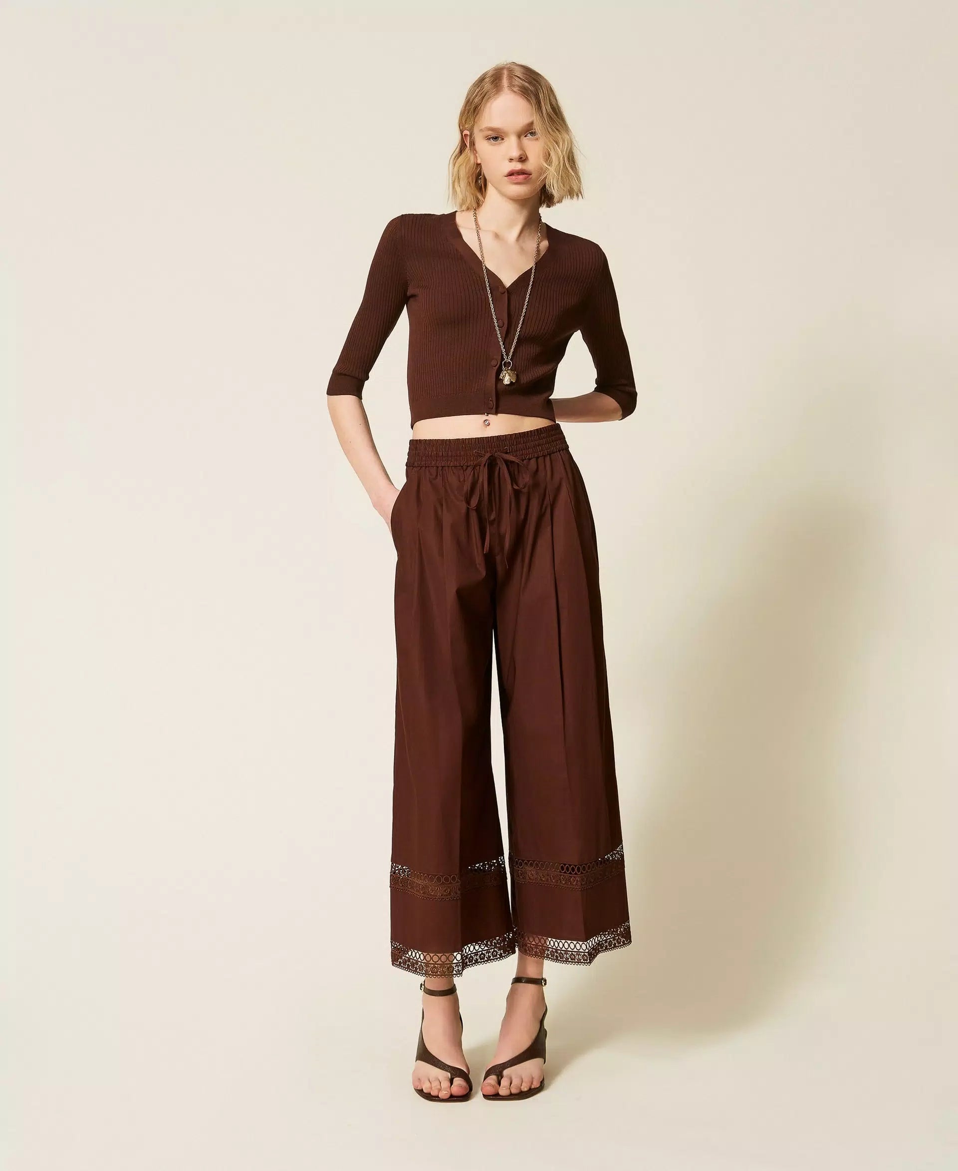 Pantalon large en popeline avec broderie Twinset