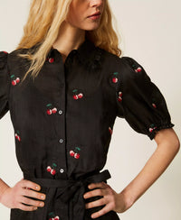 Robe courte en ramie avec broderie Twinset noir