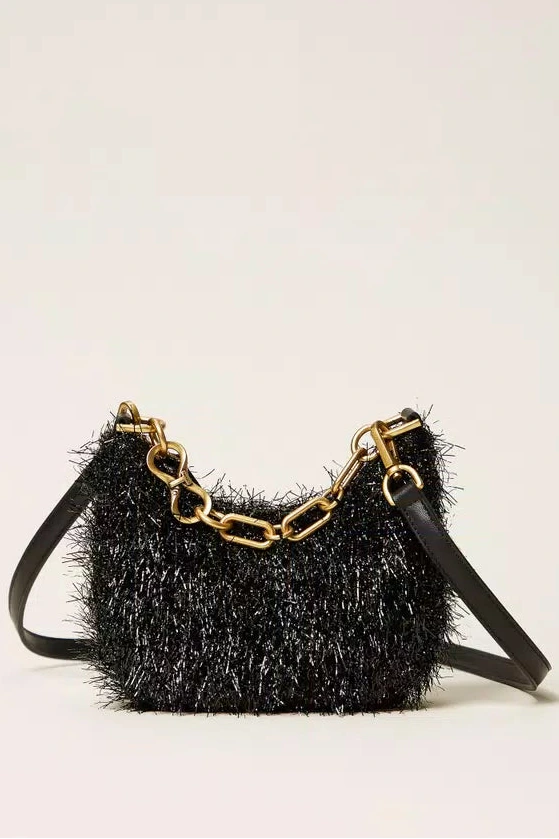 Mini Croissant bag with lurex and chain - Black