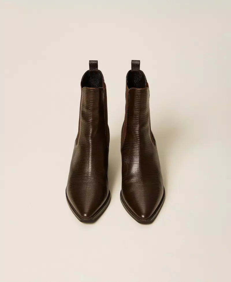 Twinset Short Leather Cow Boots Dark Brown
