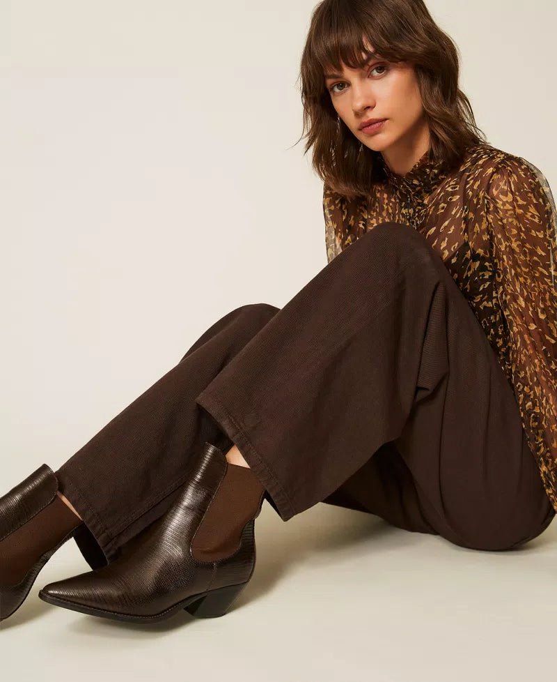 Twinset Short Leather Cow Boots Dark Brown