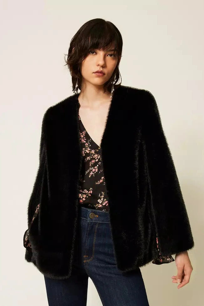 Twinset Faux Fur Cape Jacket - Black