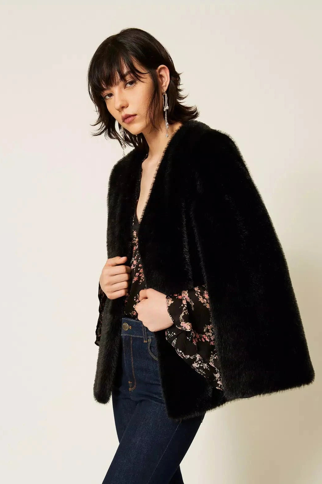 Twinset Faux Fur Cape Jacket - Black