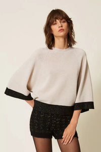 Twinset Cropped Wool and Cashmere Jumper with Lurex - Parchment Gold/Black