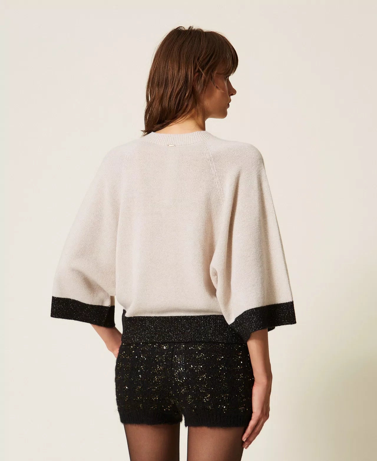 Twinset Cropped Wool and Cashmere Jumper with Lurex - Parchment Gold/Black