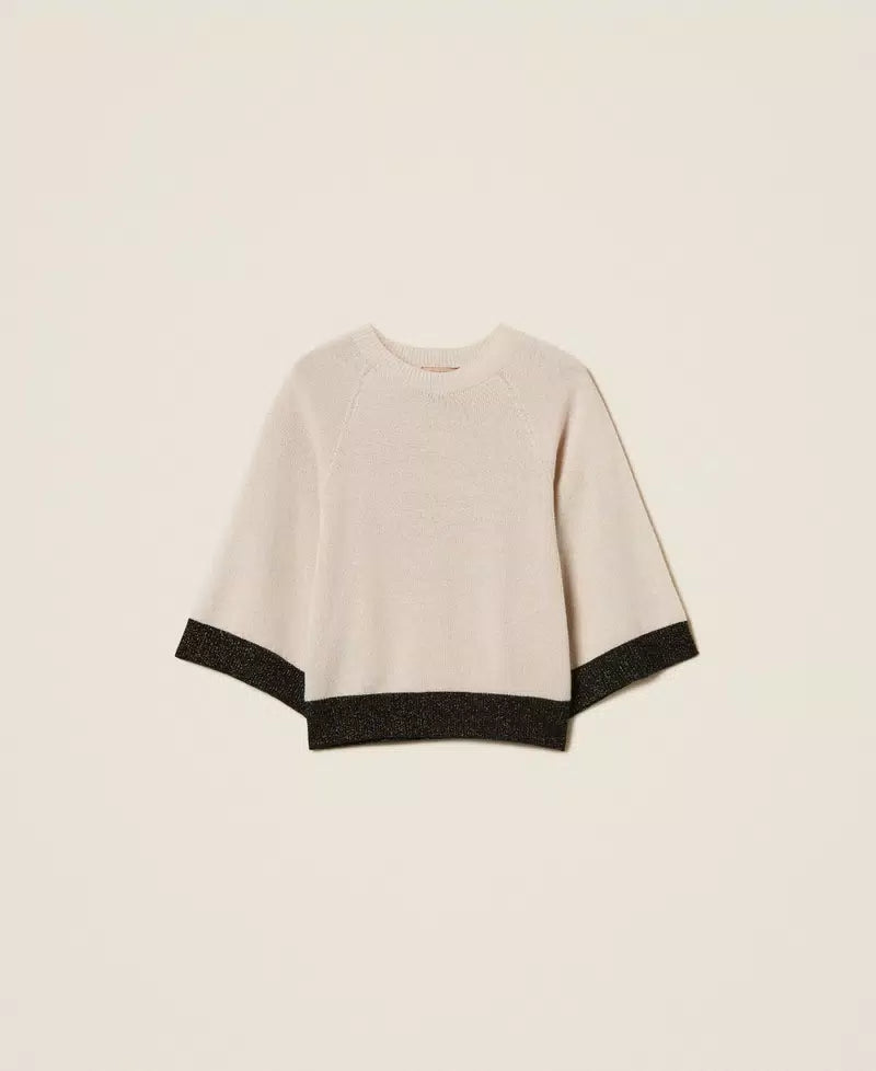 Twinset Cropped Wool and Cashmere Jumper with Lurex - Parchment Gold/Black