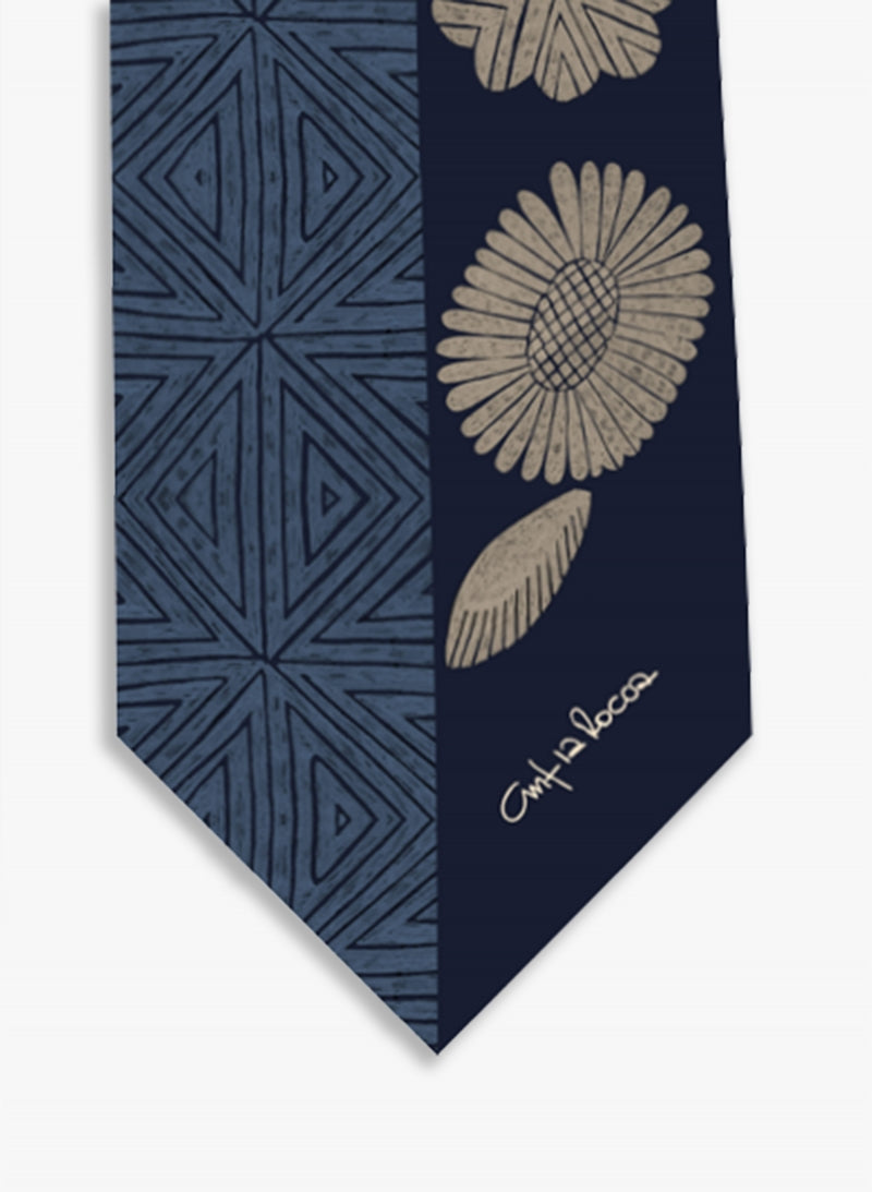 Cinzia Rocca Twill Silk Headband With Geometric Pattern and Leaves - Blue