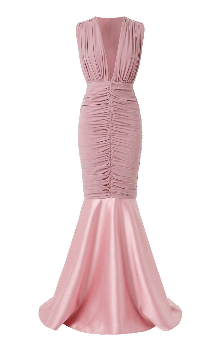 Greta Constantine Mergan Draped V-Neck Gown with Flounce Malva/Rose