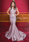 Jessica Angel Deep V Gown with Gathered Shoulders