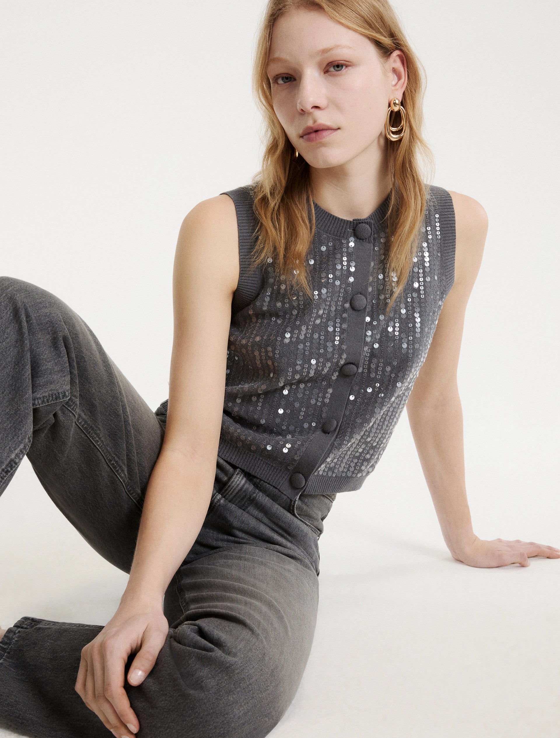 Marella Eroico Sequinned Boucle Knit Gilet - Light Grey