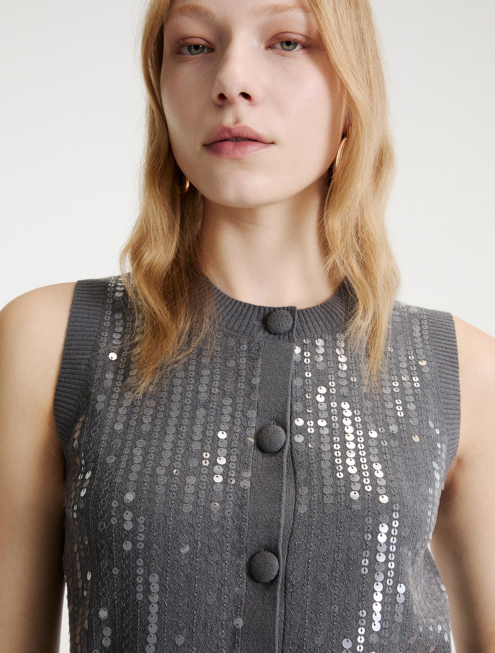 Marella Eroico Sequinned Boucle Knit Gilet - Light Grey