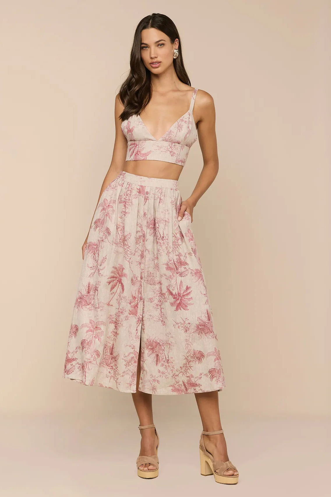 L'Agence Jupe Midi en Lin Seina Tan Multi Jungle Texturée