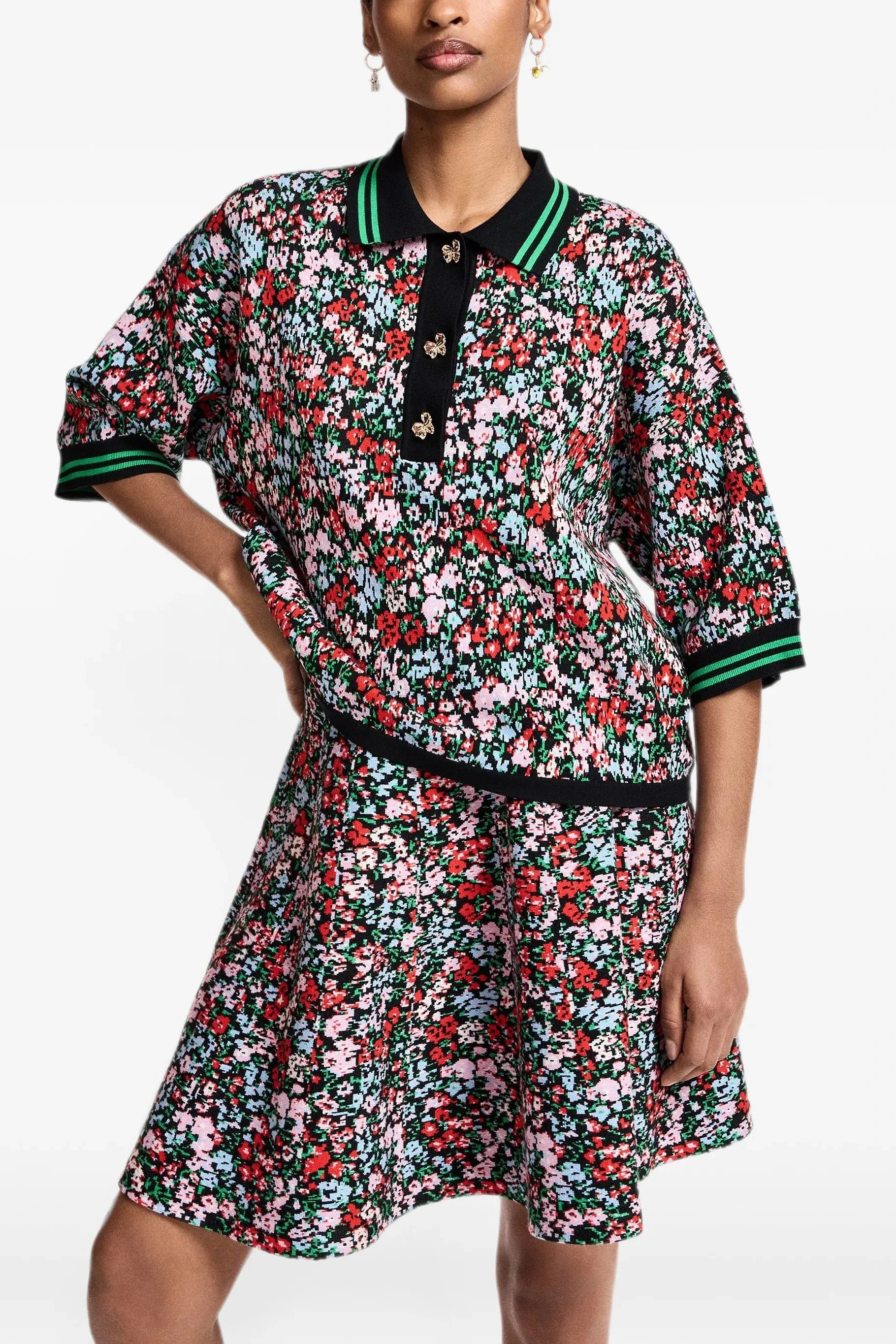 Essentiel Antwerp Kartos Floral-Print Polo with Bow Buttons Flower Multi