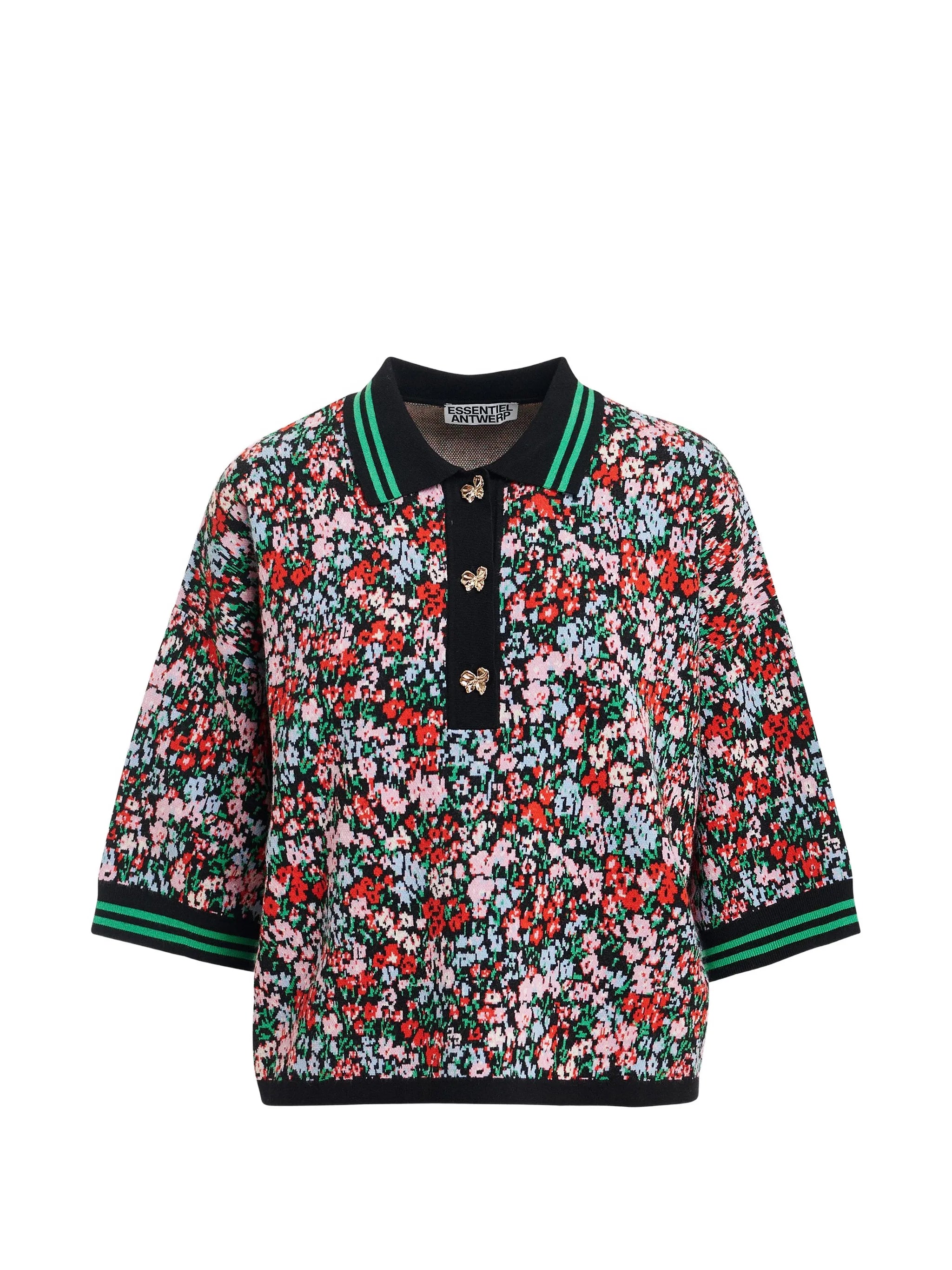 Essentiel Antwerp Kartos Floral-Print Polo with Bow Buttons Flower Multi