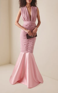 Greta Constantine Mergan Draped V-Neck Gown with Flounce Malva/Rose
