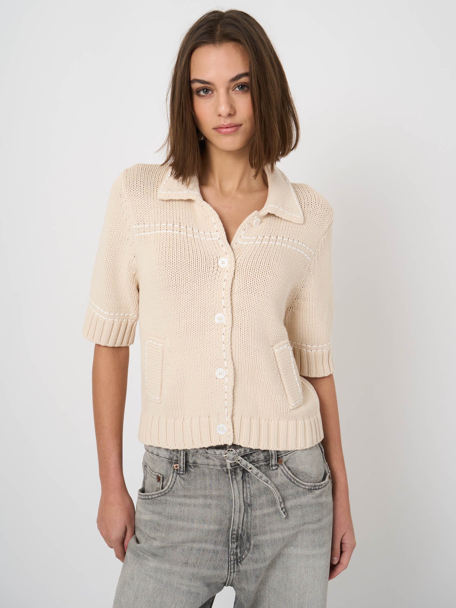 Repeat Chunky Knit Cotton-Blend Polo Cardigan