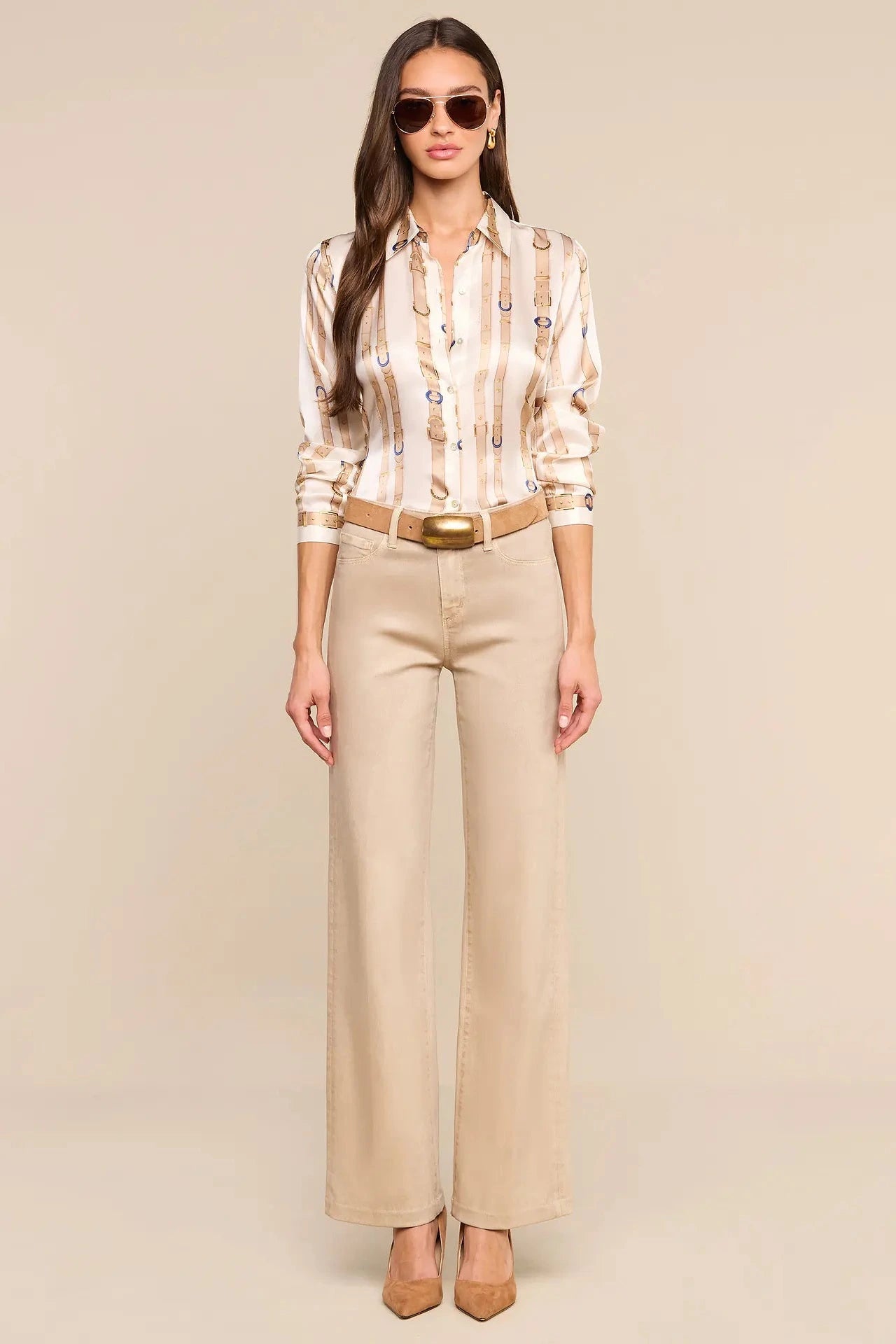 L'Agence Tyler Long-Sleeve Blouse - Ecru Multi-Stud Belt Stripe