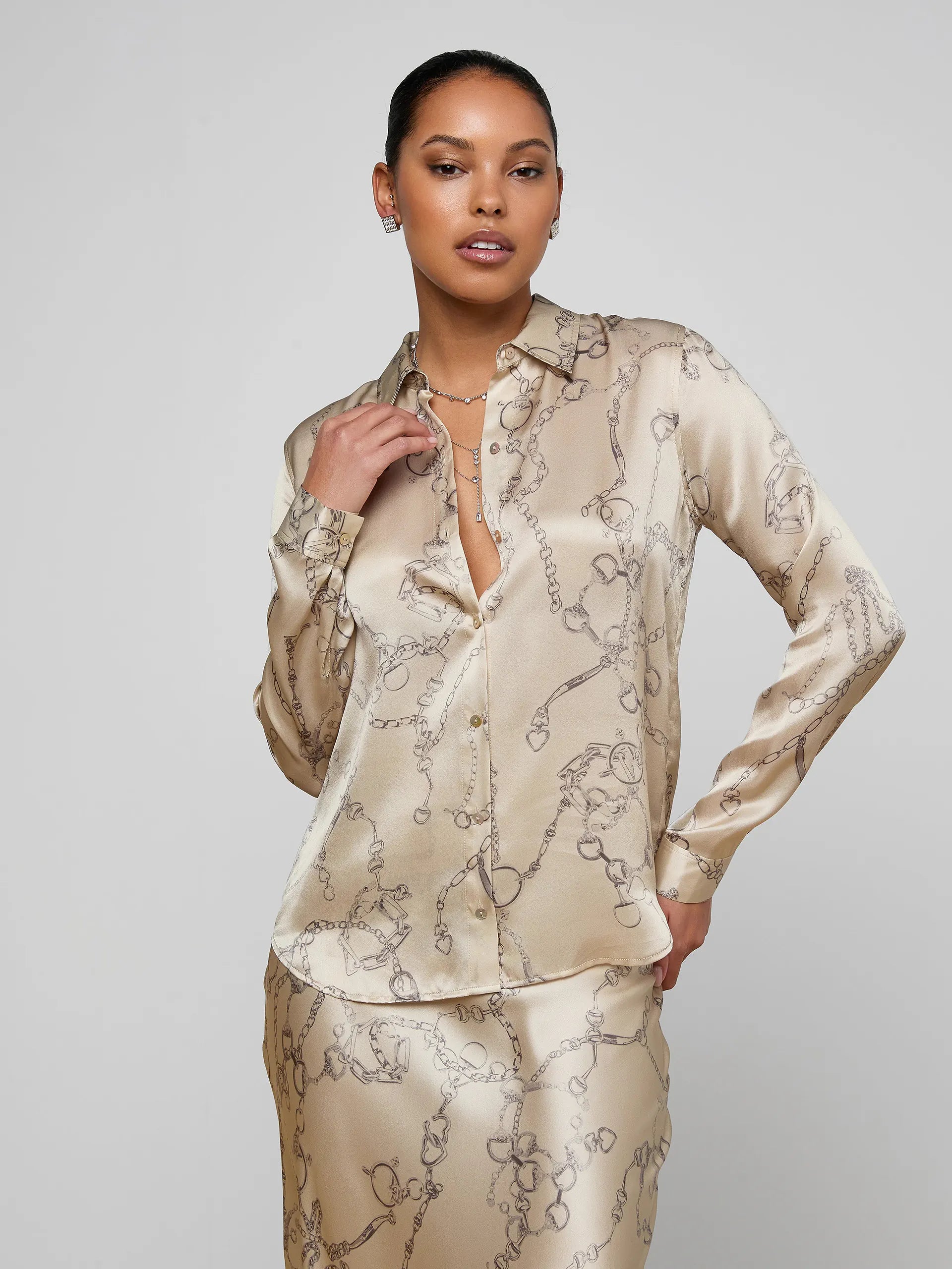 L'Agence Blouse en soie Tyler Multi doux macadamia Petite chaîne mors