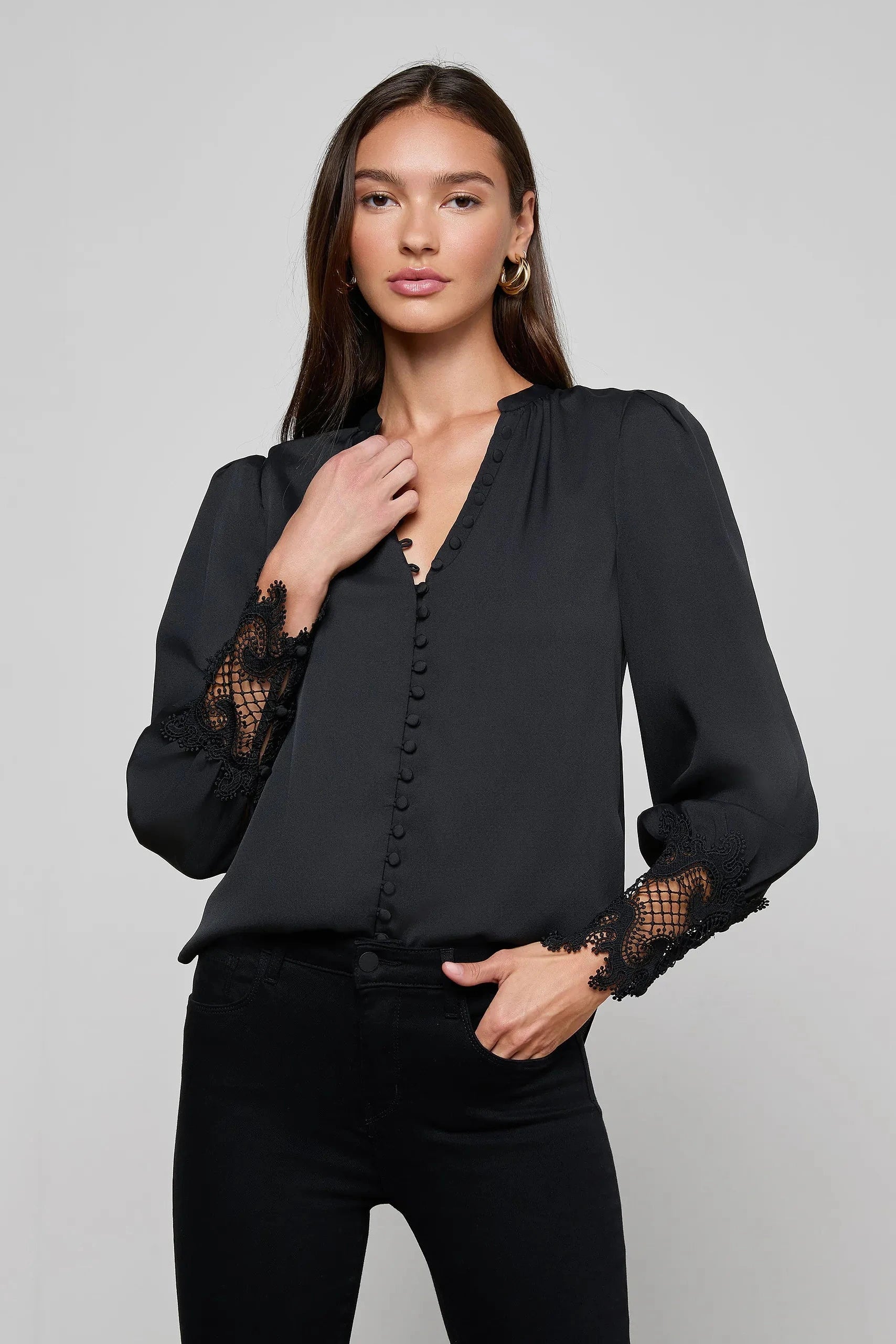 L'Agence Ava Lace Cuff Blouse Black