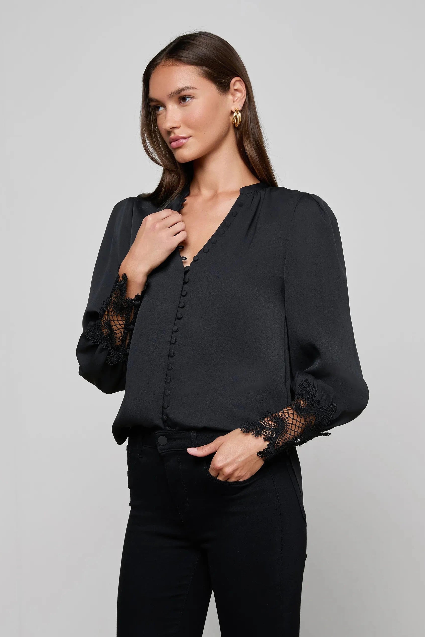 L'Agence Ava Lace Cuff Blouse Black