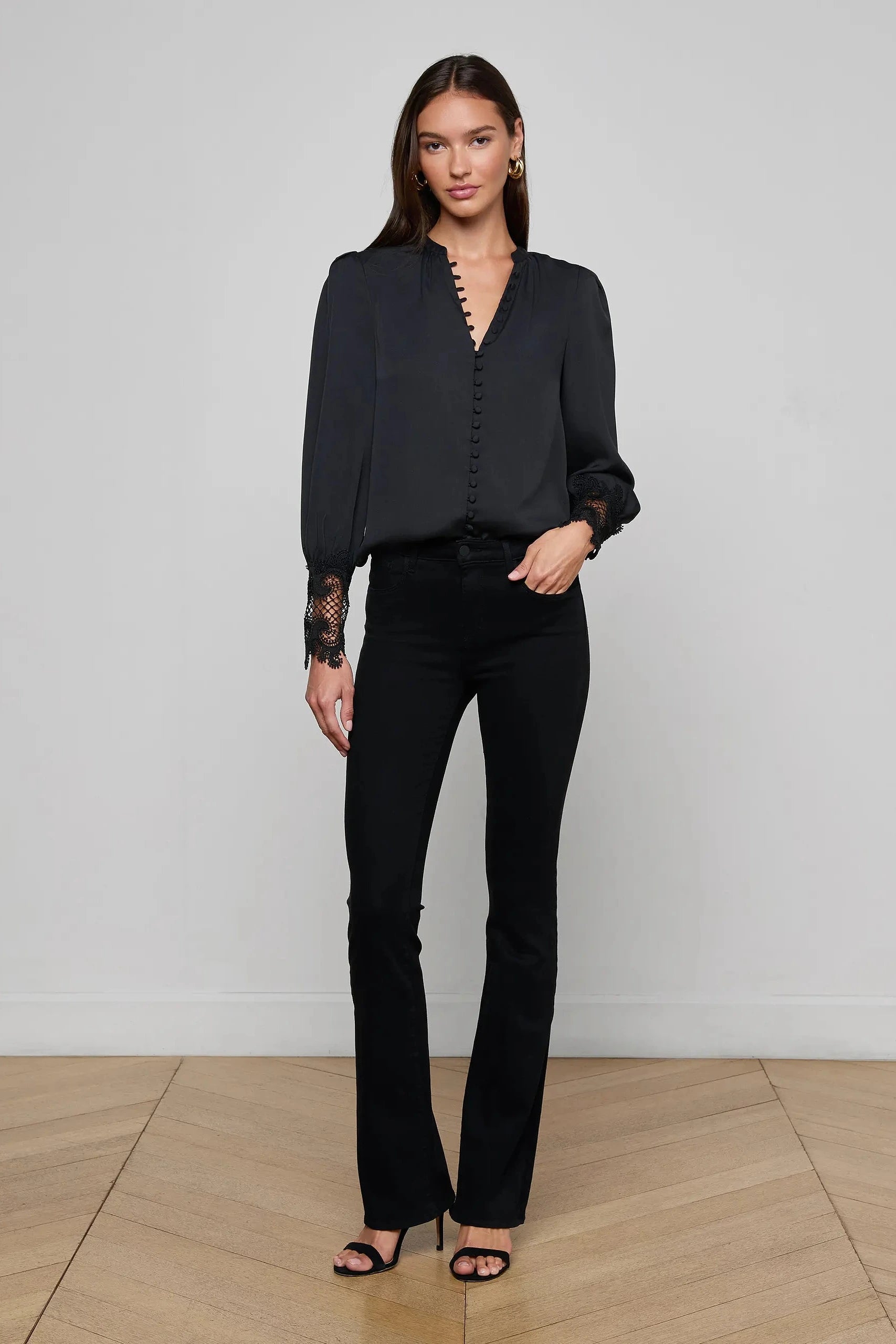 L'Agence Ava Lace Cuff Blouse Black