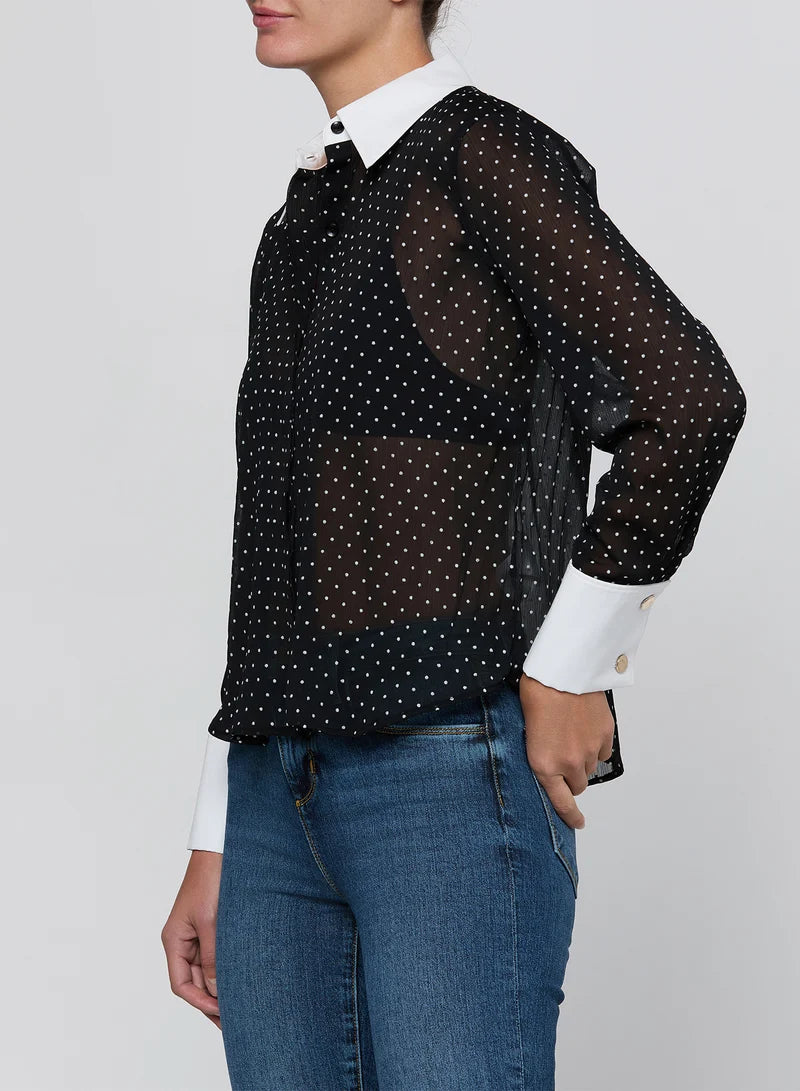 Blouse Sona L'Agence en popeline à col, noire et blanche à pois