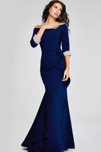 Trumpet Gown with Cowl Neck and Trimmed Sleeves