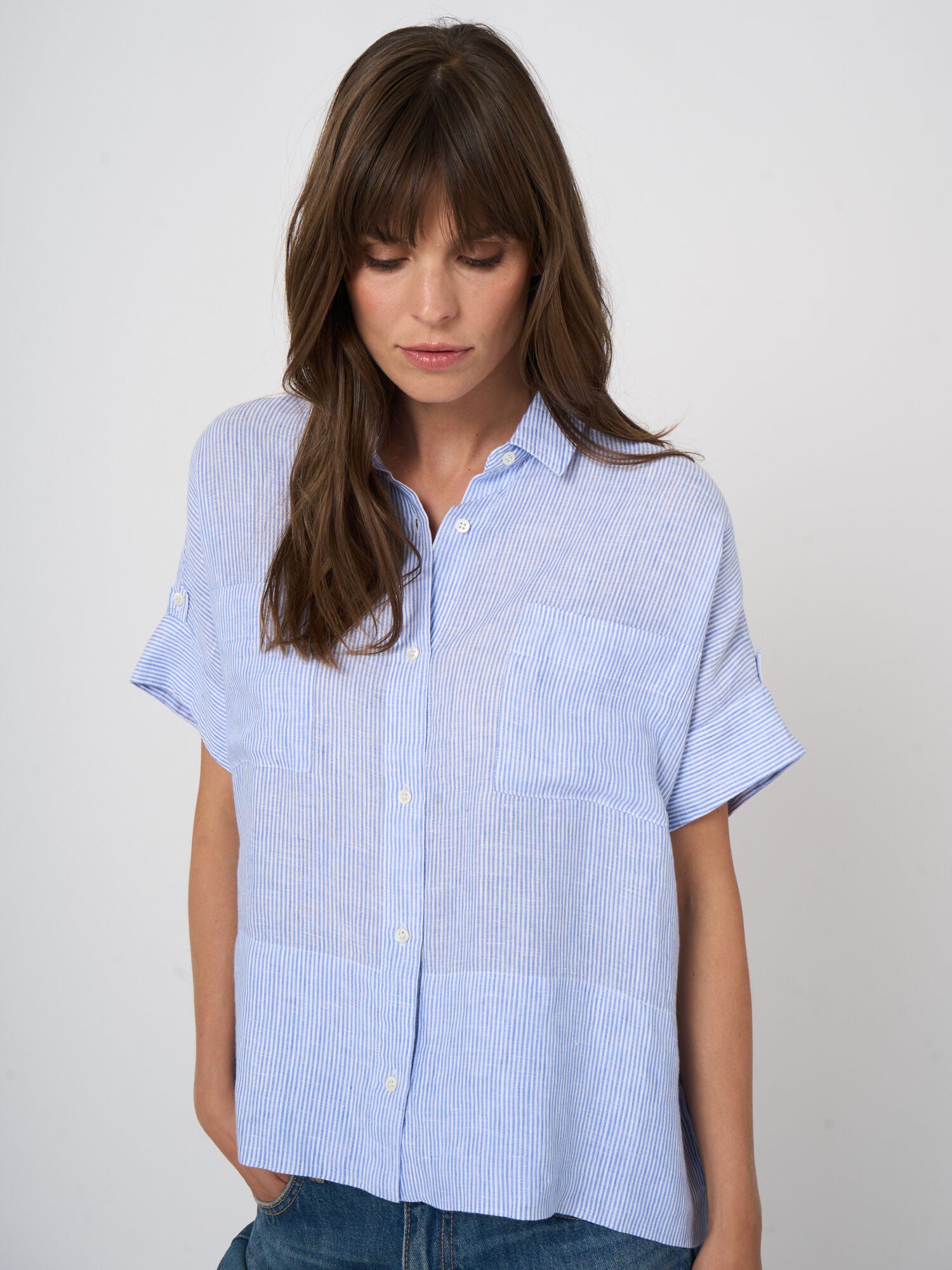 Repeat Pure Linen Striped Boxy Blouse