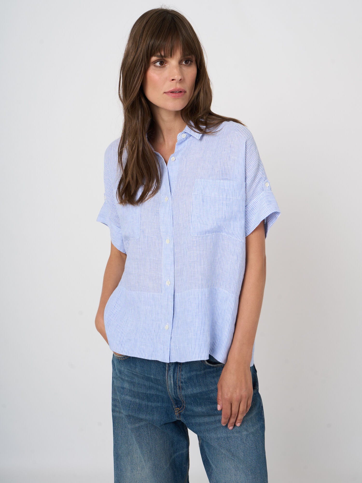 Repeat Pure Linen Striped Boxy Blouse