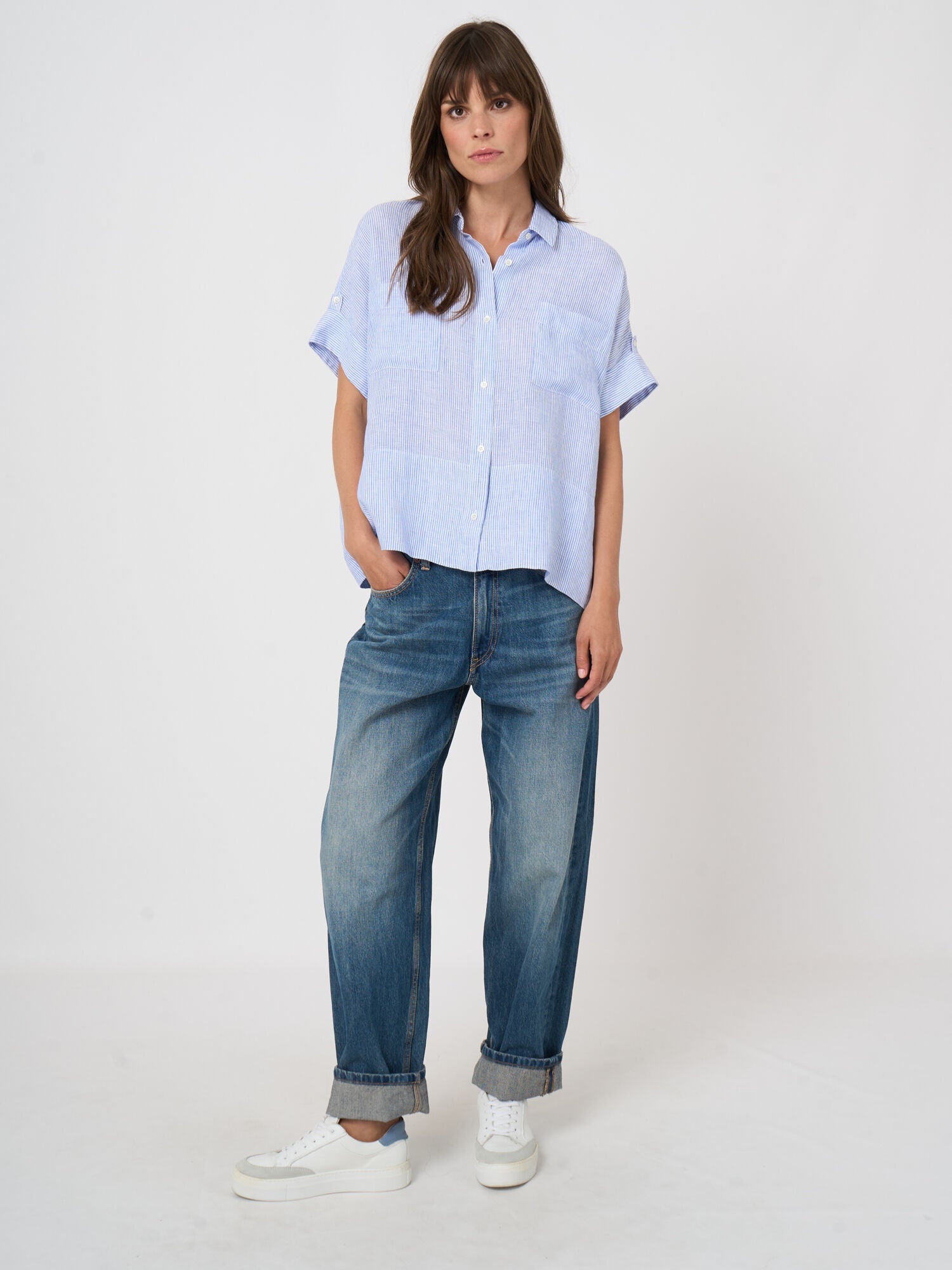 Repeat Pure Linen Striped Boxy Blouse