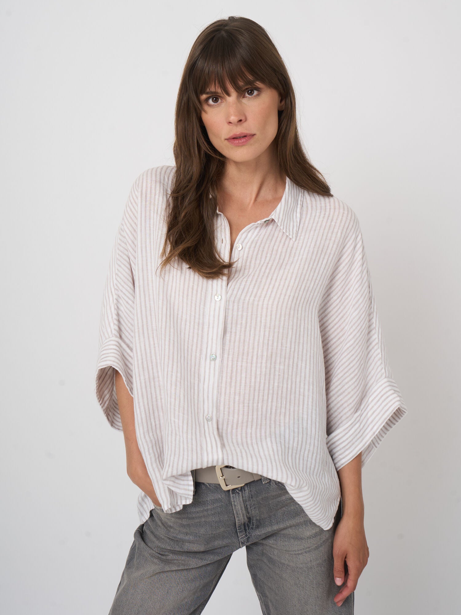 Repeat Striped Pure Linen Batwing Blouse