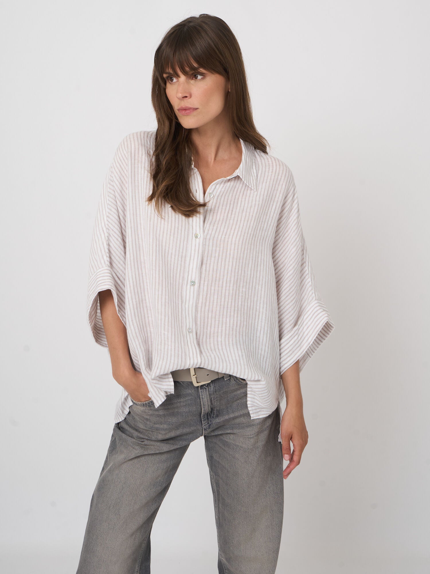 Repeat Striped Pure Linen Batwing Blouse