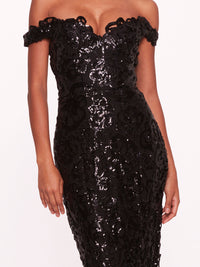 Marchesa Notte Organic Neckline off the shoulder Sequin Gown