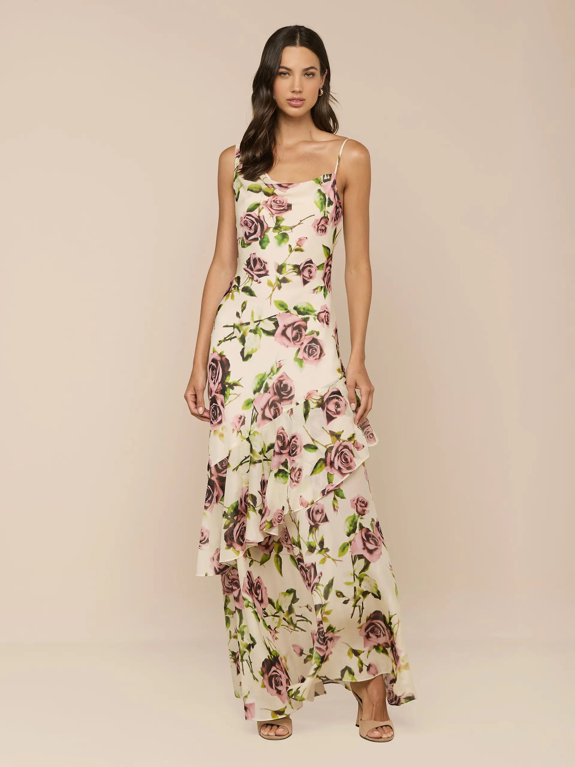 L'Agence Viola Assymetric Cowl Neck Gown Ecru Romantic Rose