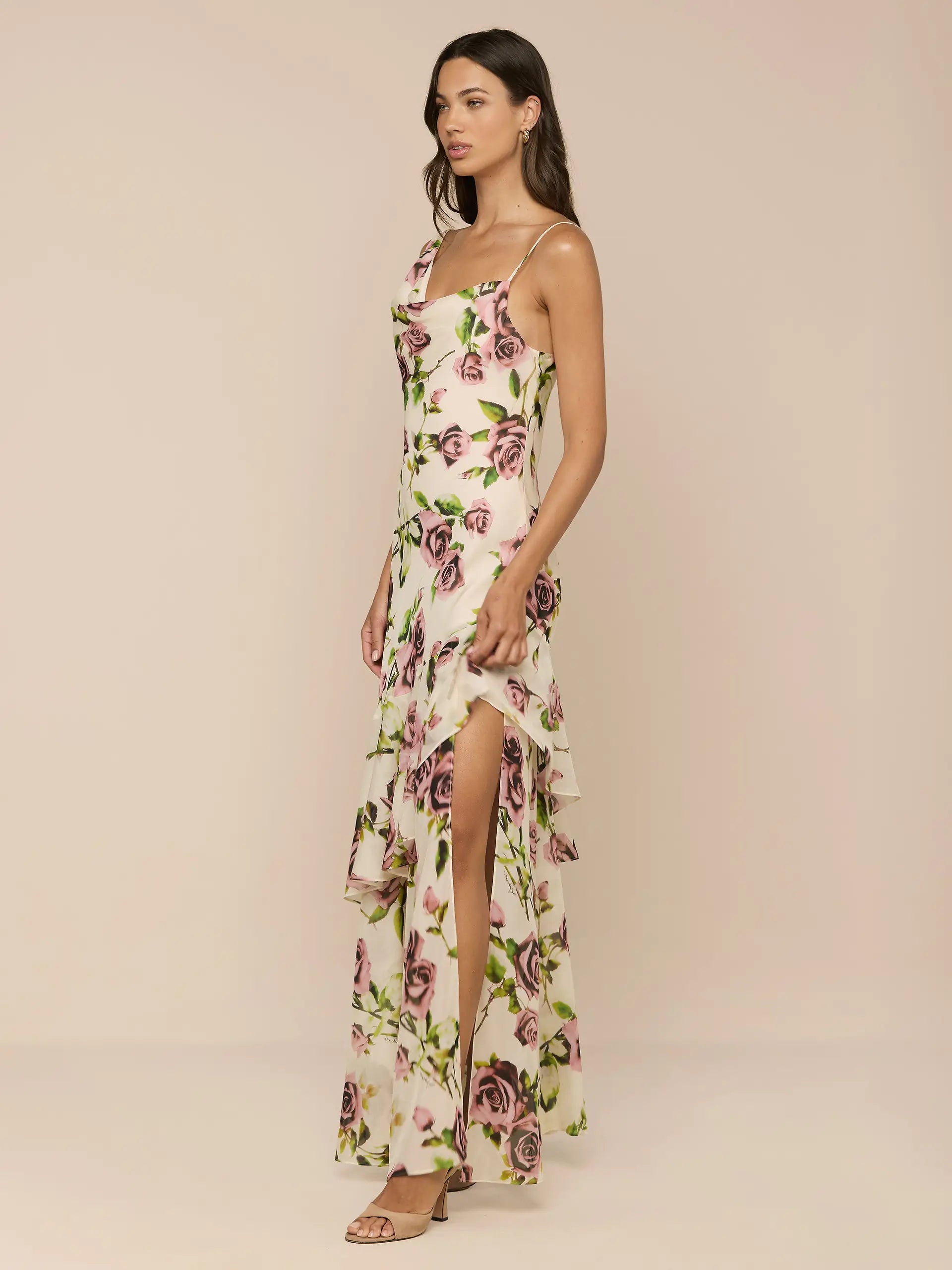 L'Agence Viola Assymetric Cowl Neck Gown Ecru Romantic Rose