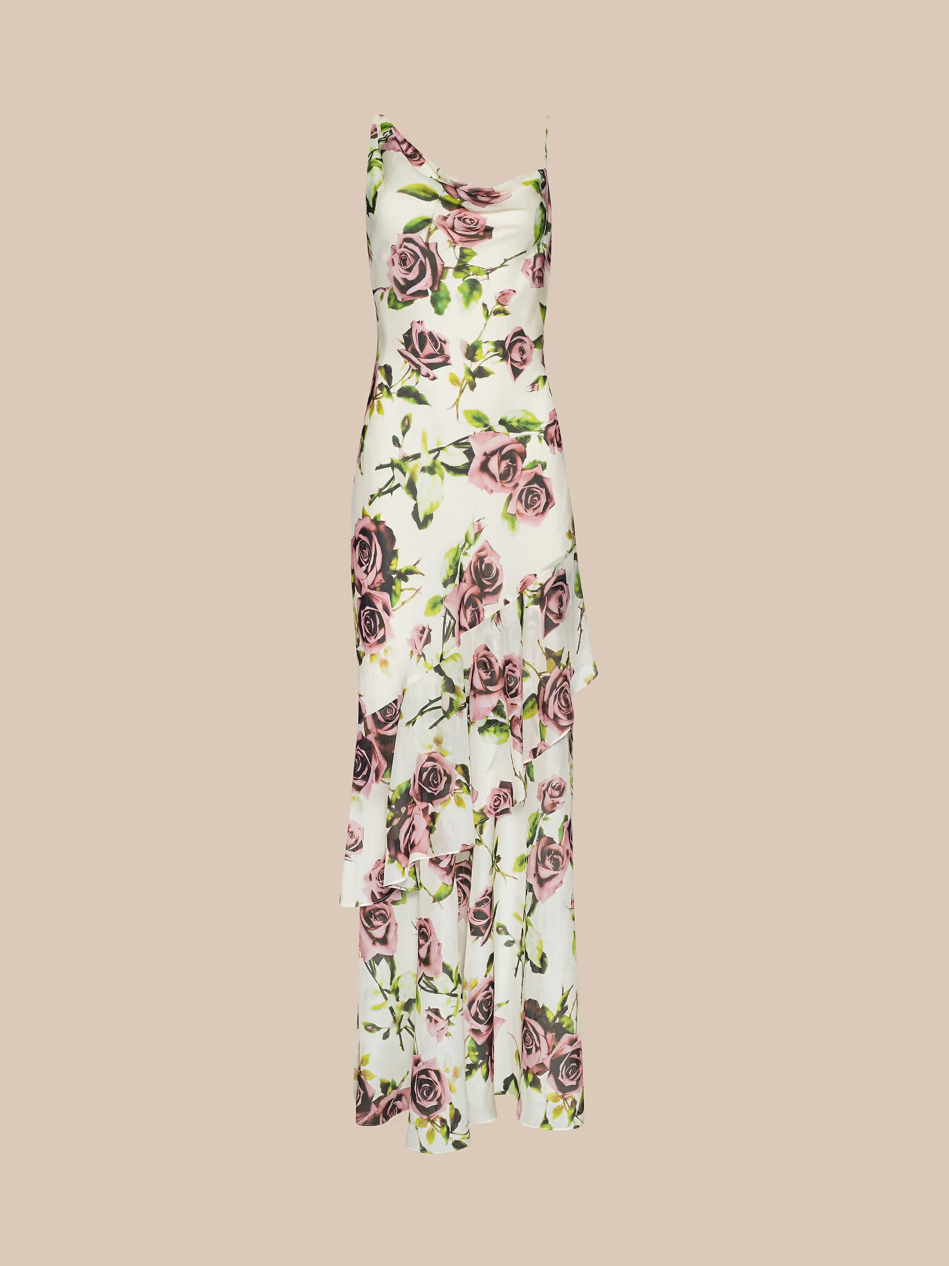 L'Agence Viola Assymetric Cowl Neck Gown Ecru Romantic Rose